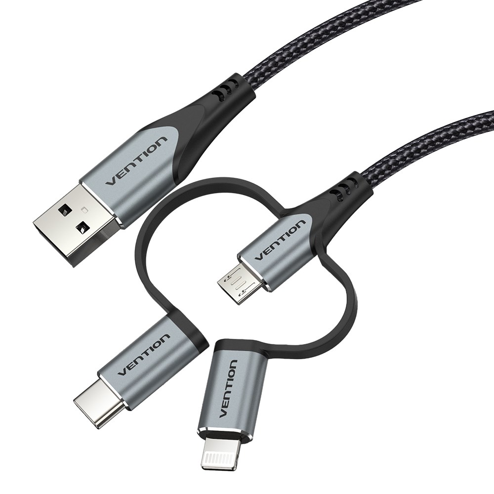 Kabel VENTION Vention USB 2.0 A Muški na 3-u-1 Micro-B&USB-C&Lightning Muški 1M Sivi Aluminijski Legura