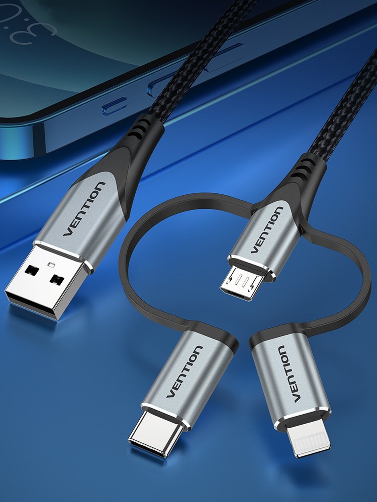 Kabel VENTION Vention USB 2.0 A Muški na 3-u-1 Micro-B&USB-C&Lightning Muški 1M Sivi Aluminijski Legura-4