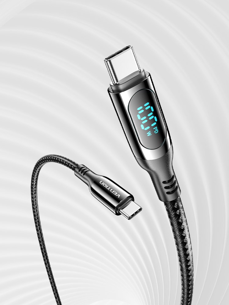 Kabel VENTION Cotton Braided USB 2.0 C Muški na C Muški 5A s LED prikazom 1.2M crni cink legura-4