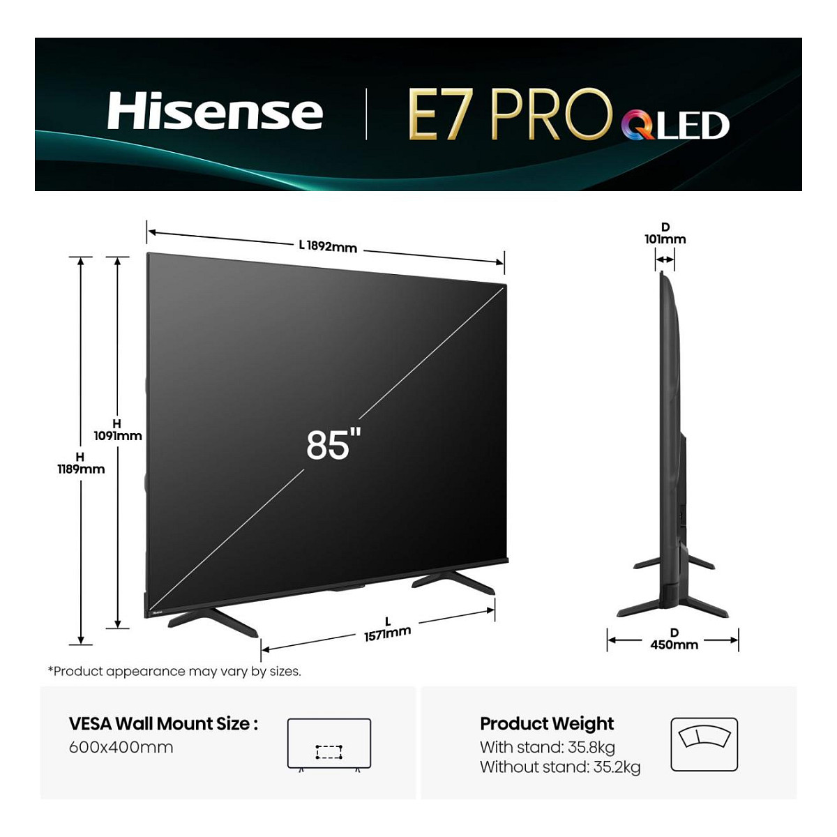 TV HISENSE QLED 85E77Q PRO VIDAA U7.6 (215 cm, 4K UHD, HDR10+ Adaptive, Dolby Atmos, Smart TV)-7