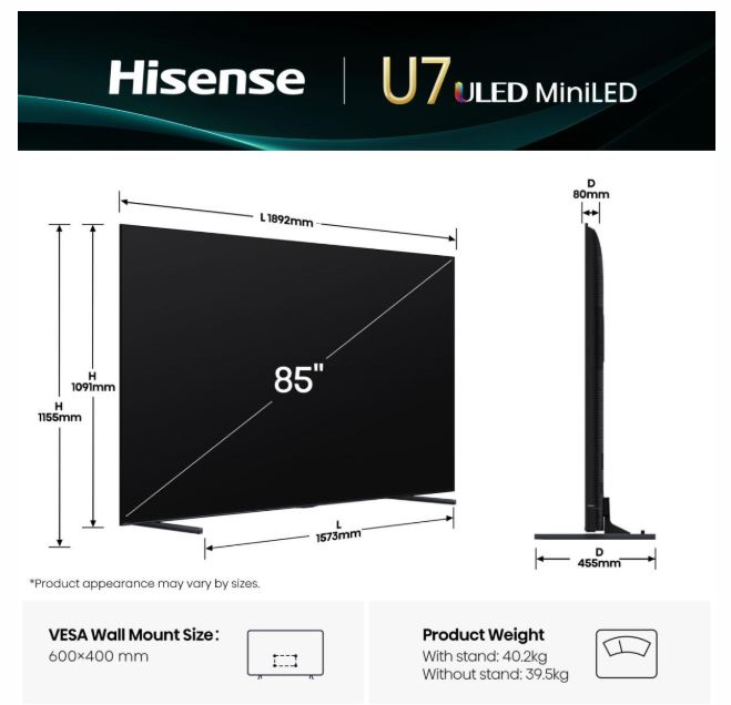 TV HISENSE Mini LED 85U7Q VIDAA TV (215 cm, 4K UHD, HDR10+ Adaptive, Dolby Atmos, Smart TV)-1