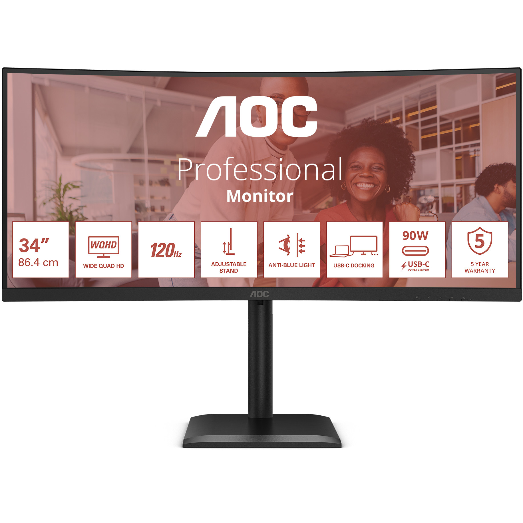 Monitor AOC CU34E4CV 34" (3440x1440, 100Hz, VA, 1ms, 2xHDMI, DP, USB-C, zakrivljen)