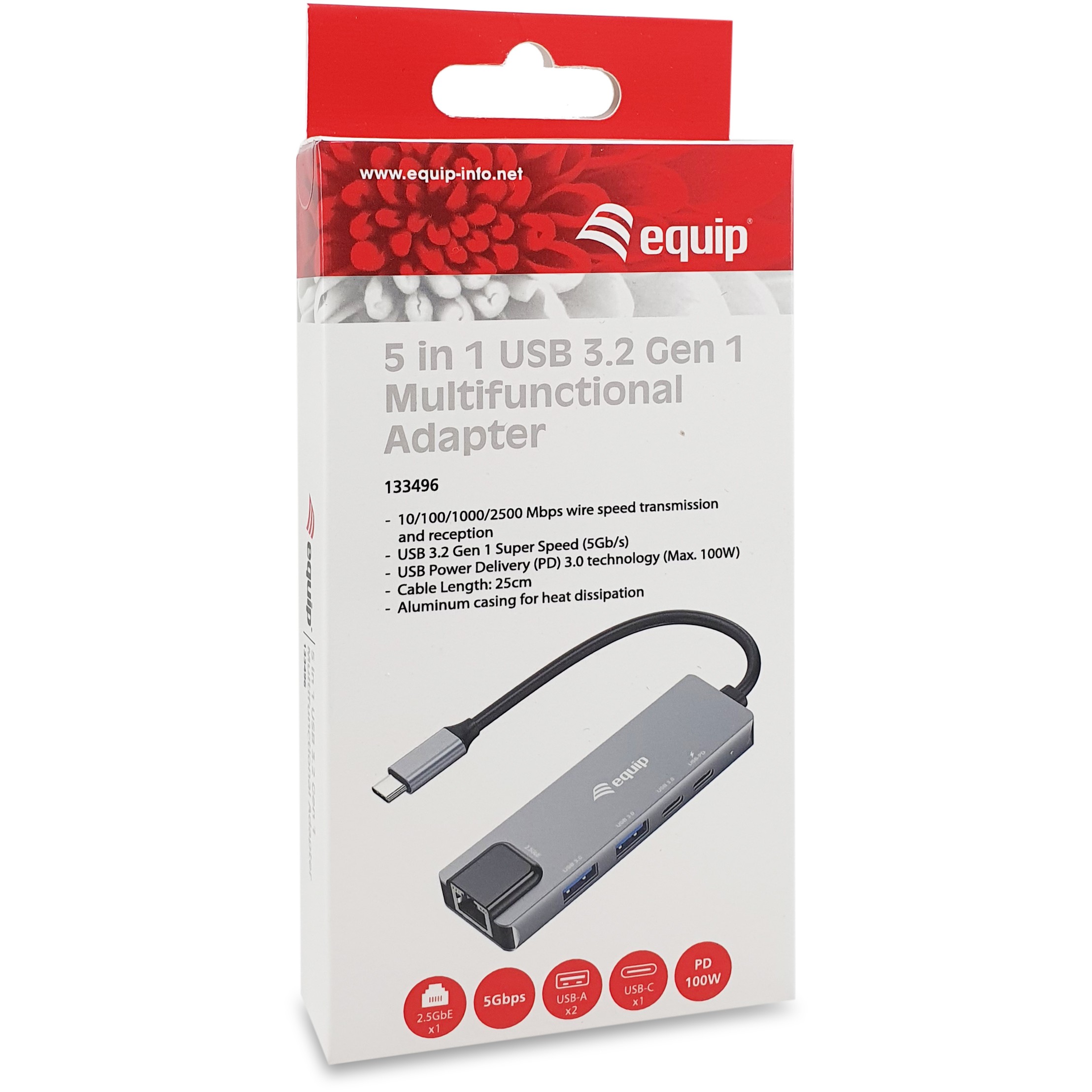 Adapter EQUIP USB-C -> RJ45 10/100/1000/2500 Mbps + USB 3.2-4