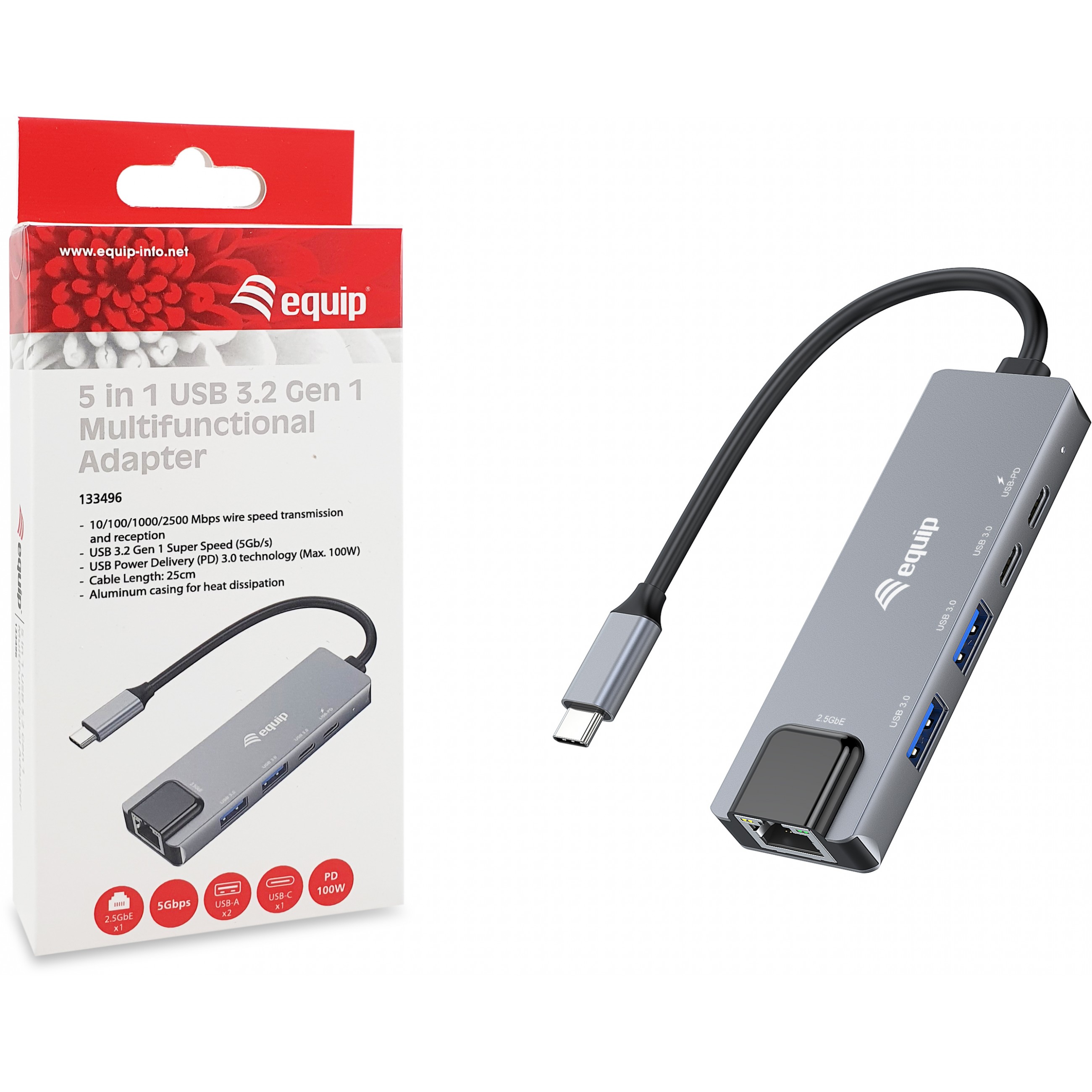 Adapter EQUIP USB-C -> RJ45 10/100/1000/2500 Mbps + USB 3.2-5