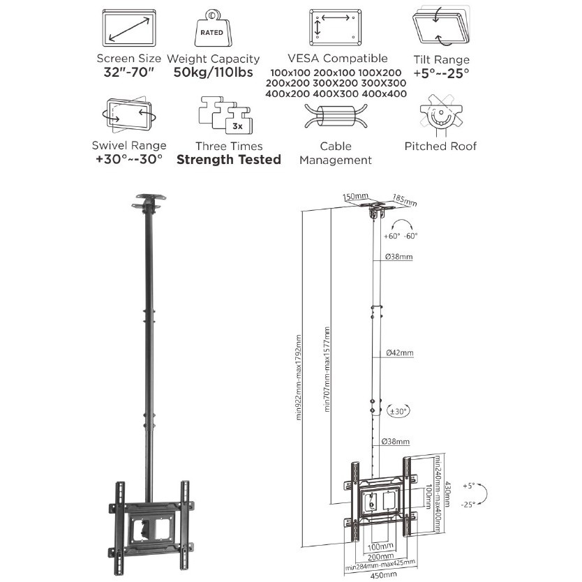 Držač za TV EQUIP Deckenhalterung 32"-70"/1TFT 50kg 1Gelenk neig. sw lite Retail-4