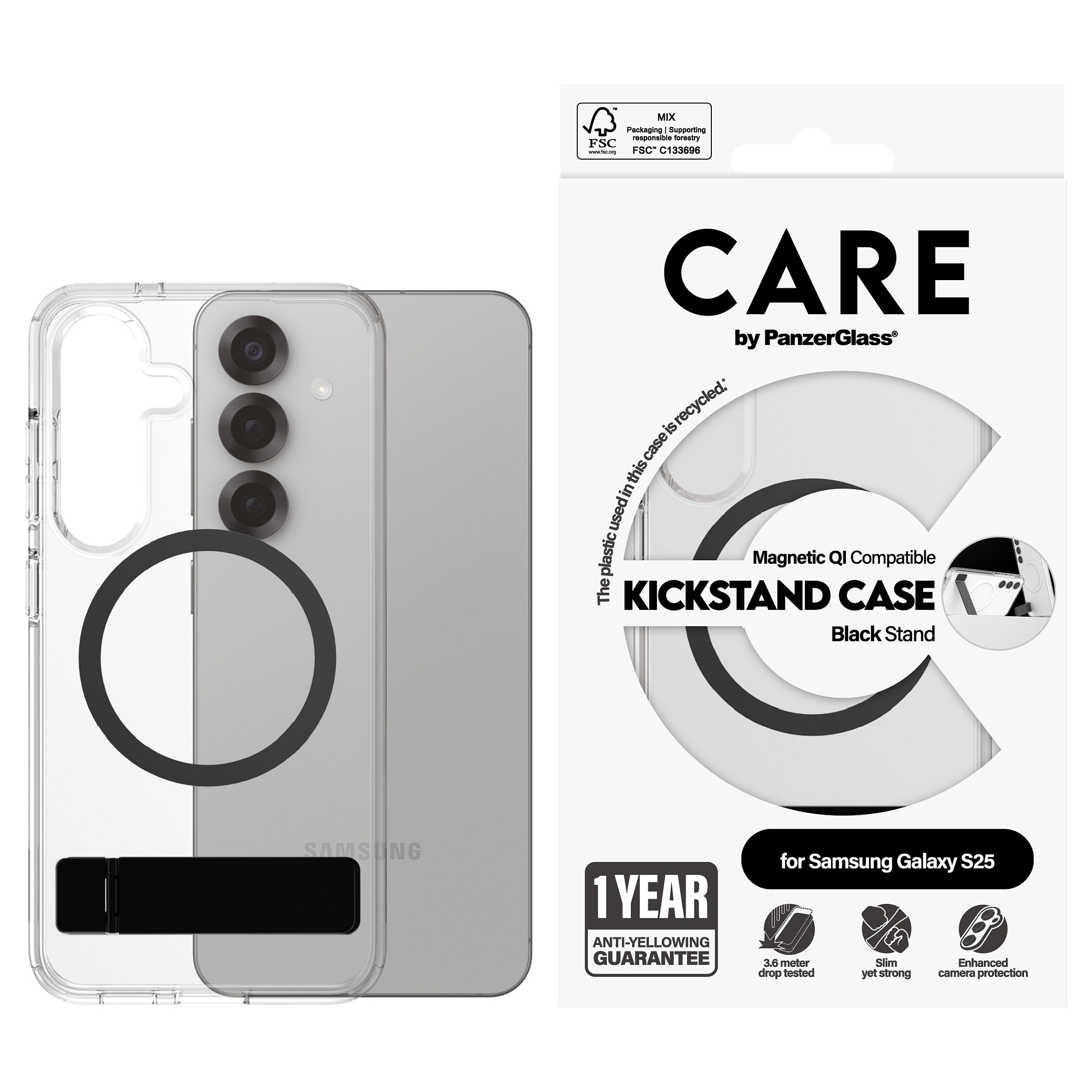 Futrola PANZER GLASS CARE Feature Case Clear Kickstand & QI Compatible Galaxy S25-3