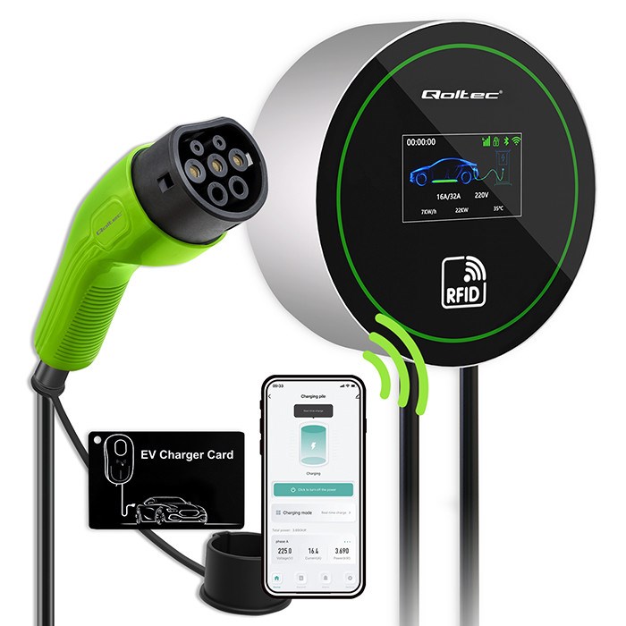 Stanica za punjenje električnih vozila QOLTEC 2-in-1 Type 2 (22kW, Wi-Fi, 5m kabel)