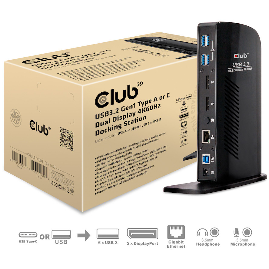 Docking stanica CLUB 3D 4K 60Hz USB3 ->6xUSB3/2xDP/LAN/Audio crna-0