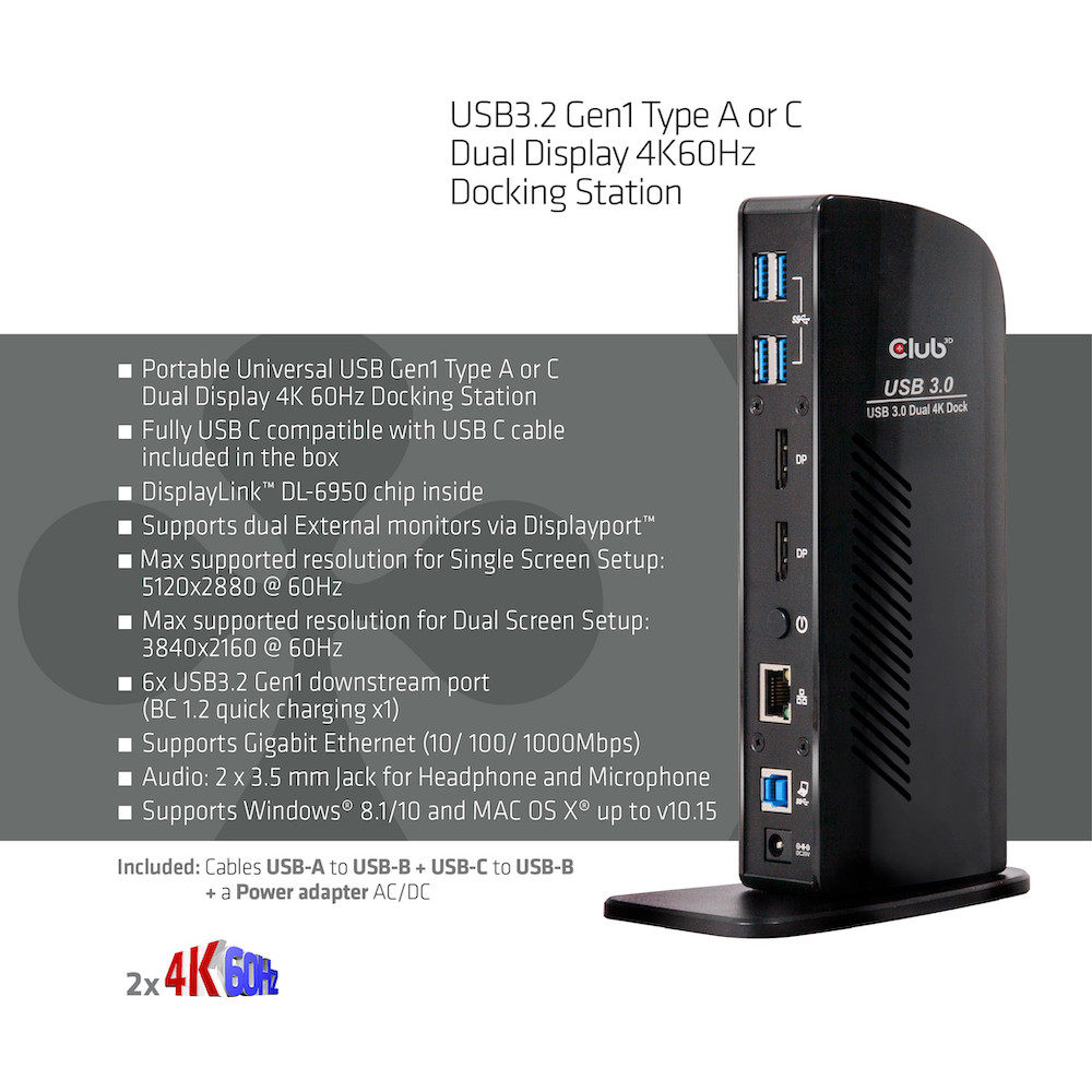 Docking stanica CLUB 3D 4K 60Hz USB3 ->6xUSB3/2xDP/LAN/Audio crna-3