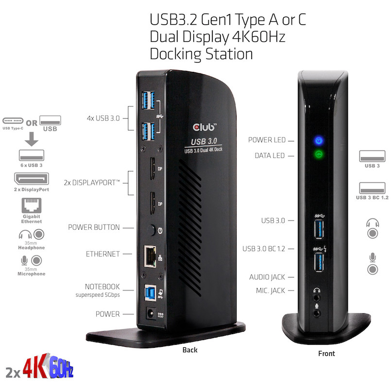 Docking stanica CLUB 3D 4K 60Hz USB3 ->6xUSB3/2xDP/LAN/Audio crna-4