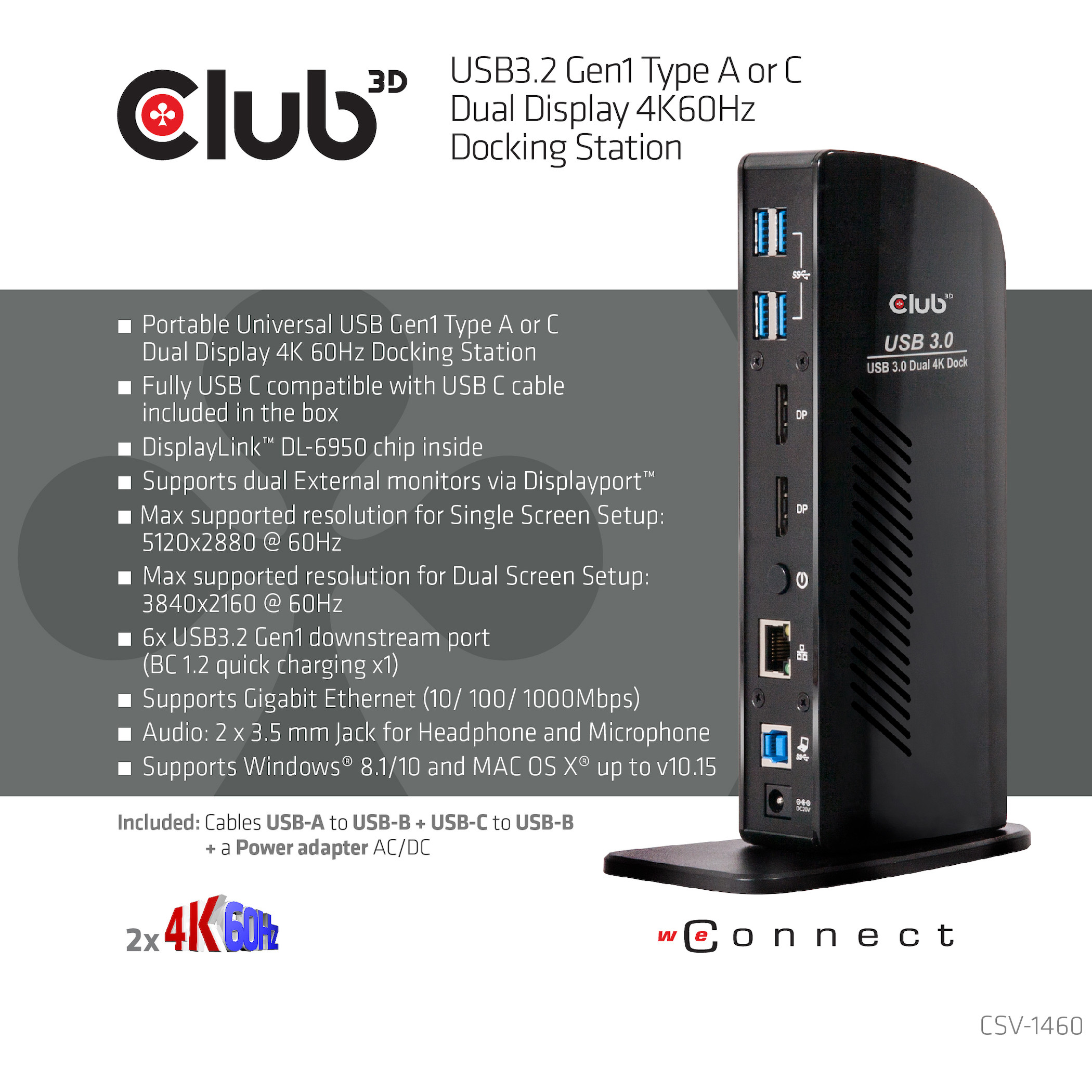 Docking stanica CLUB 3D 4K 60Hz USB3 ->6xUSB3/2xDP/LAN/Audio crna-8