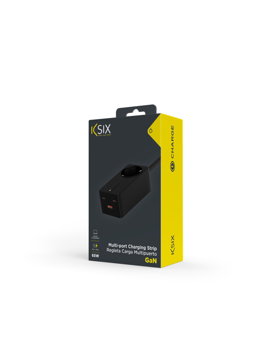 Punjač KSIX, GaN 65W produžni, PPS, 4 priključka, LED indikator, crni, 1.5m-3