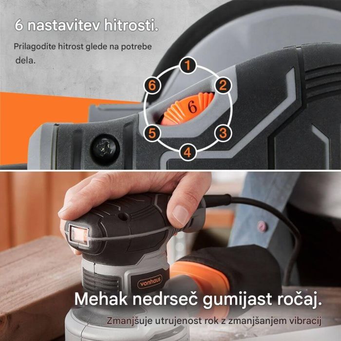 Ekscentrični brusilnik VONHAUS 300 W (300 W, 6 brzina, 14.000 vrt/min, 125 mm)-11