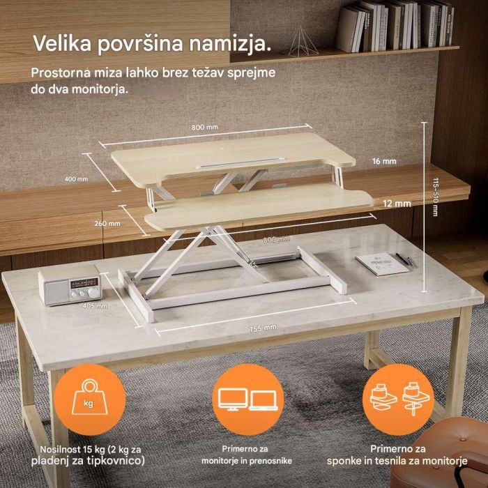 Pretvornik VONHAUS Nastavek za stoječo pisalno mizo (dimenzije (V) 11,5–51 cm x (Š) 80 cm x (G) 40,5 cm, delovna površina (Š) 80 cm x (G) 40 cm, nosilnost 15 kg)-6