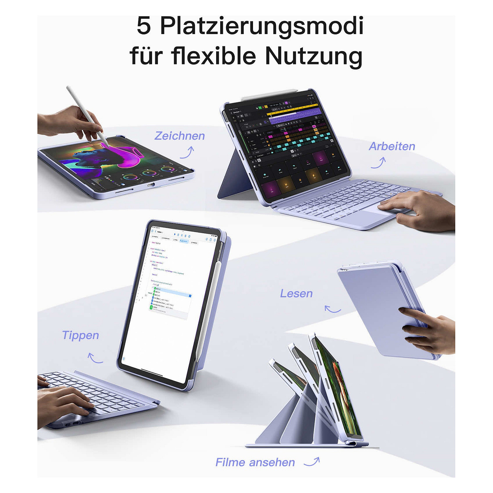 Tipkovnica INATECK iPad 11" iPad Air 4/5Gen. QWERTZ ljubičasta boja – internacionalna non HR tipkovnica-4