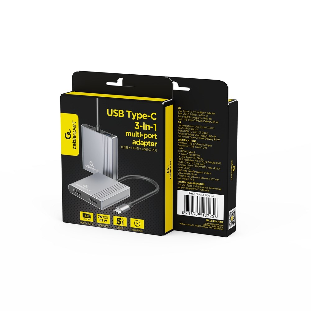 USB-C 3-u-1 multiport adapter GEMBIRD A-CM-HDMIF-02-SG (HDMI 4K, USB 3.0, USB-C PD 60W)-4