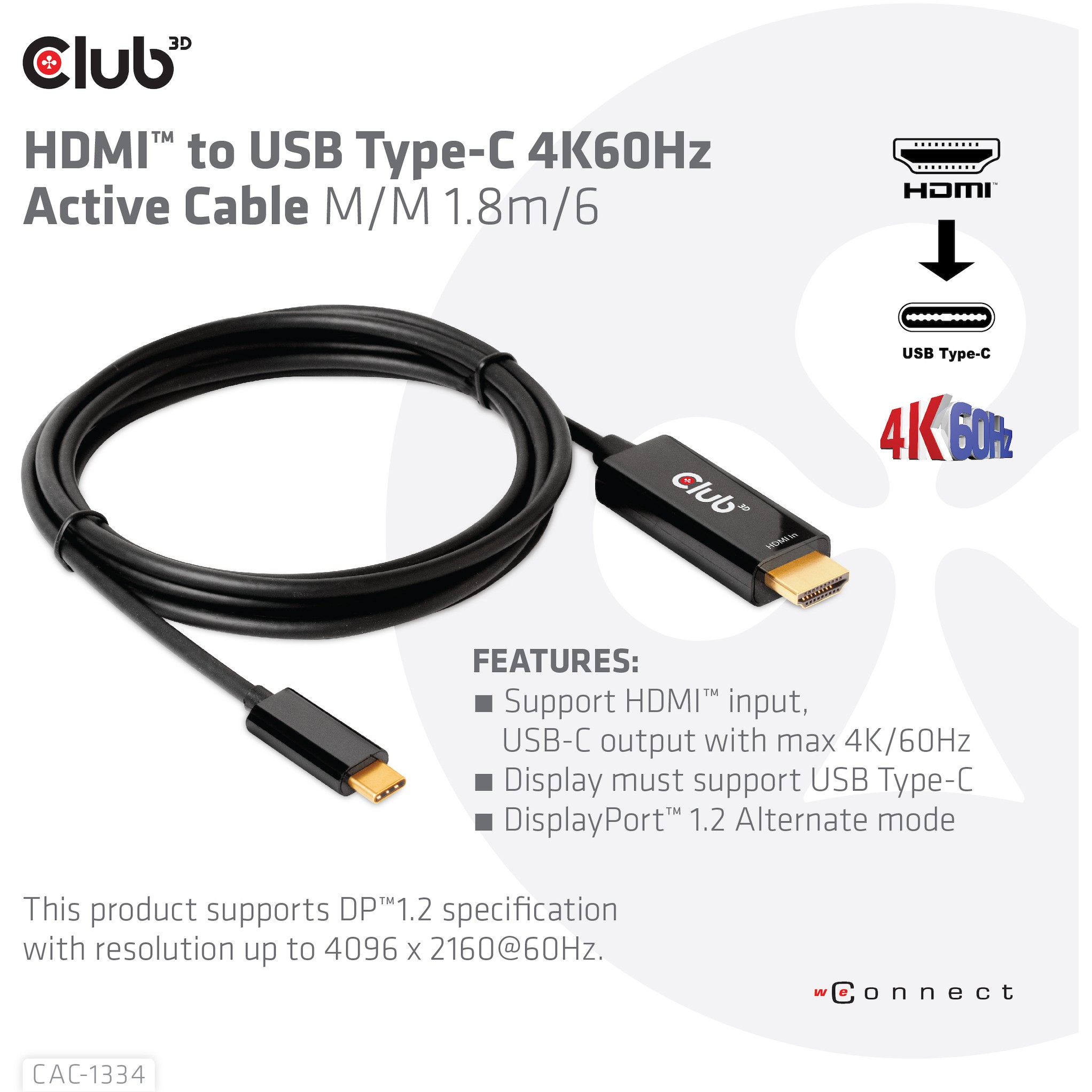 Kabel CLUB 3D HDMI-Kabel A -> USB-C aktiv 4K60Hz 1.8m-2