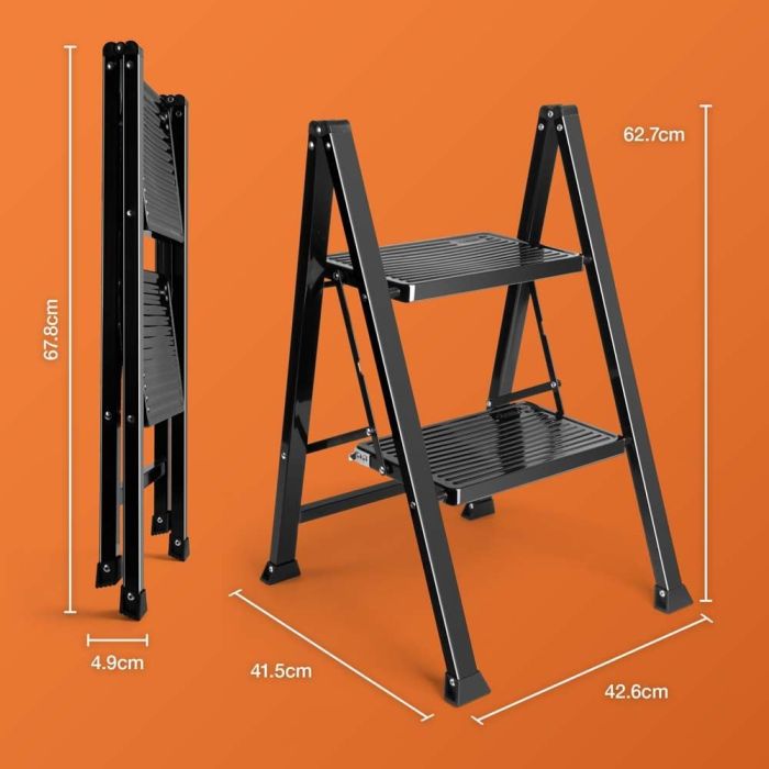 Ladder VONHAUS metal two-step slim (dimenzije 62.7 cm x 41.5 cm x 42.6 cm, materijal čelik, guma, težina 3.96 kg, boja crna, maksimalna nosivost 150 kg)-4