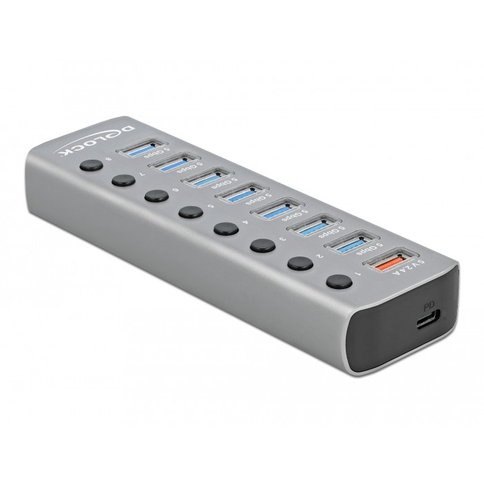 USB HUB DELOCK USB 3.2 Gen 1 Hub mit 7 Ports + 1 Schnellladeport + 1 USB-C PD 3.0 Port (7 portova, USB-C PD 3.0, prekidač, osvjetljenje)-0