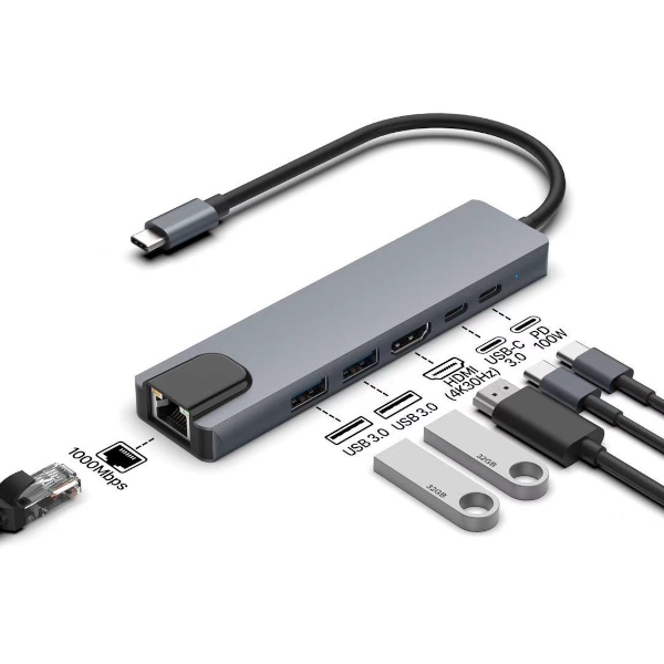 USB-C Hub ASONIC 6u1 (HDMI, LAN, USB 3.0, USB-C, aluminijsko kućište)