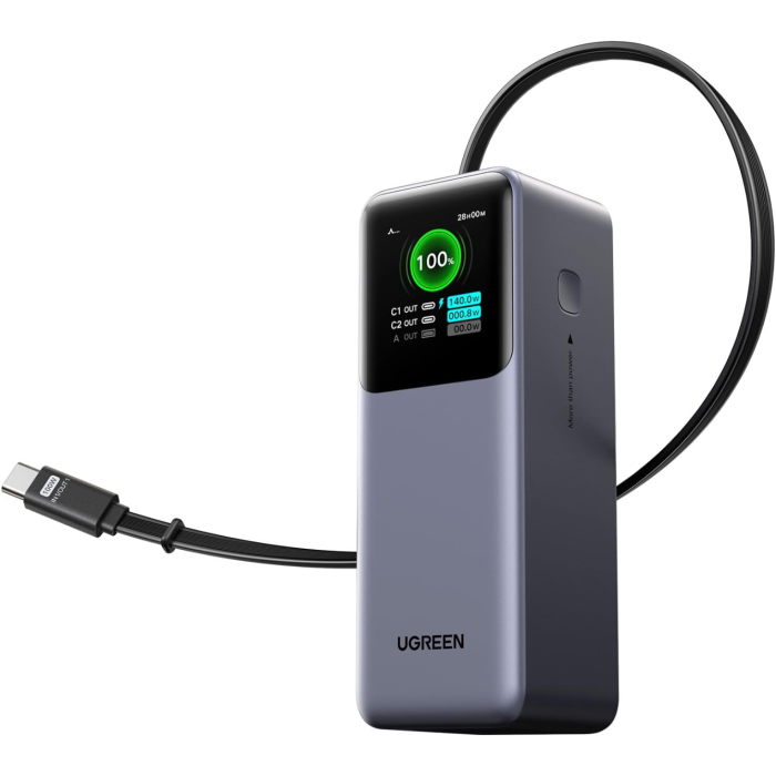 Prijenosni punjač UGREEN 55987B (20000 mAh, 165 W, ugrađeni usb-c kabel, tft zaslon)