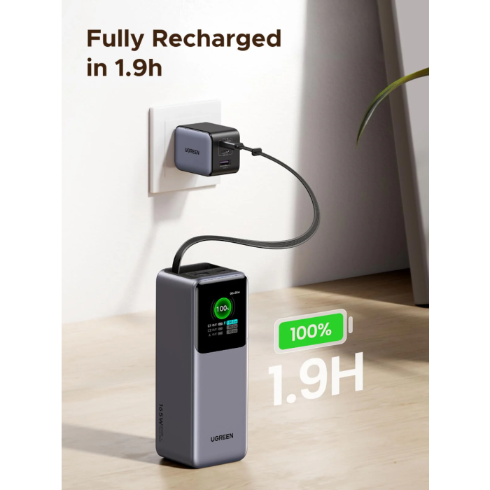 Prijenosni punjač UGREEN 55987B (20000 mAh, 165 W, ugrađeni usb-c kabel, tft zaslon)-3