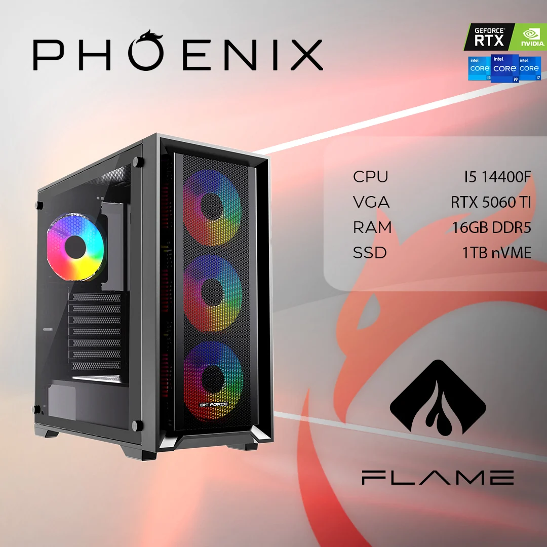 Računalo PHOENIX FLAME X-501, Intel i5 14400F, 16GB DDR5, NVME SSD 1TB, RTX 5060 TI 8GB/600W 80+