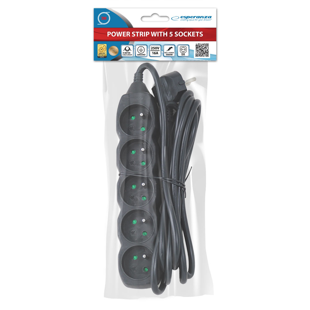 Produžni kabel ESPERANZA ELK208K (5 utičnica, 3m, crni)-3