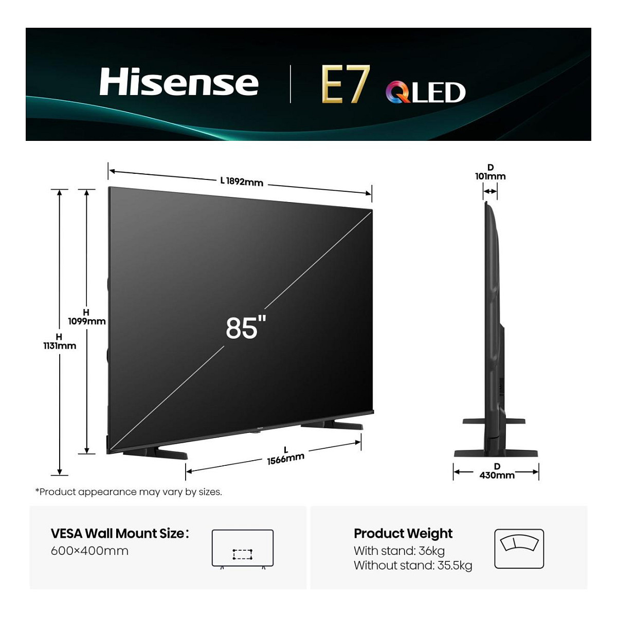 TV HISENSE QLED 85E77Q VIDAA (214 cm, 4K UHD, HDR10+ Adaptive, Dolby Atmos, Smart TV)-6
