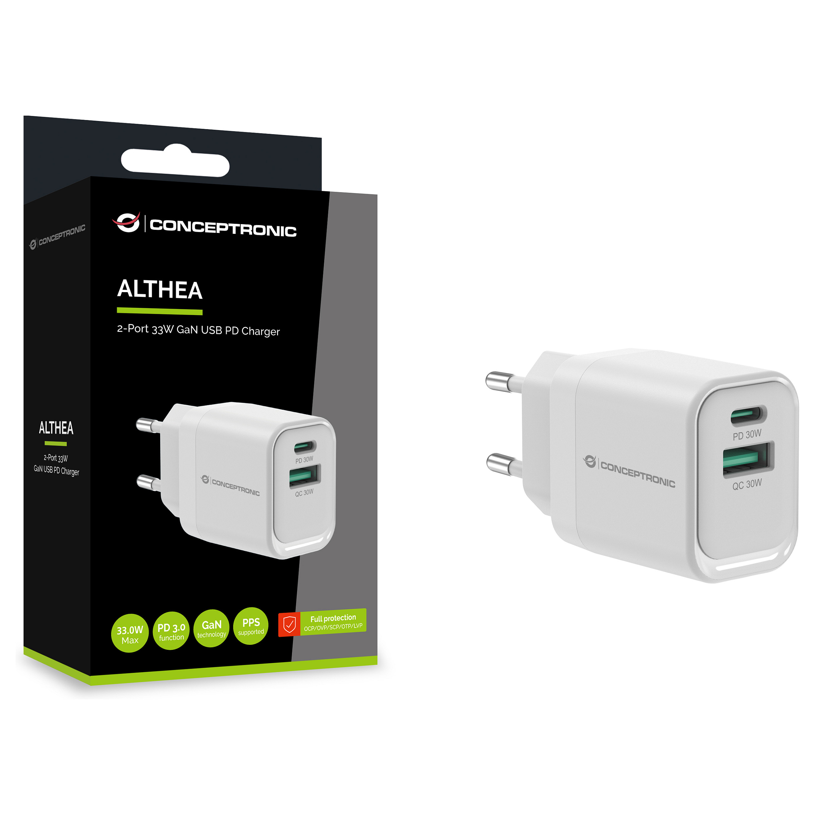Punjač CONCEPTRONIC GaN (2-portni, usb-c/usb-a, 33w, pd 3.0, pps, bijeli)-3