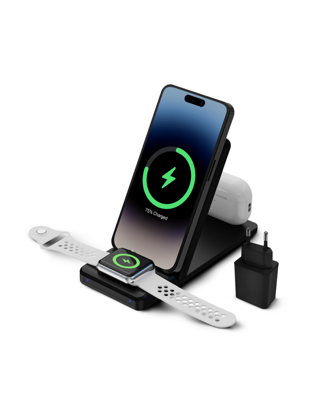 Bežična stanica za punjenje KSIX 3u1 15 W, brzo punjenje, Qi, za Apple Watch i AirPods, crni