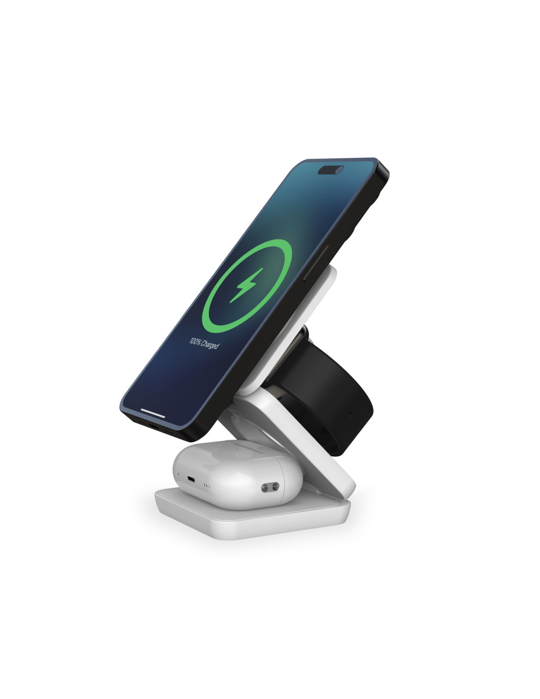 Bežični punjač KSIX Cube 3u1 15W, sklopivi, kompatibilan s MagSafe & Qi, Apple Watch  AirPods, bijeli