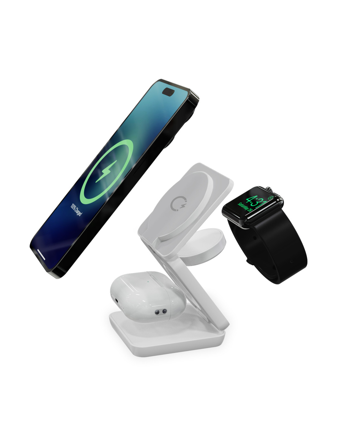 Bežični punjač KSIX Cube 3u1 15W, sklopivi, kompatibilan s MagSafe & Qi, Apple Watch  AirPods, bijeli-1