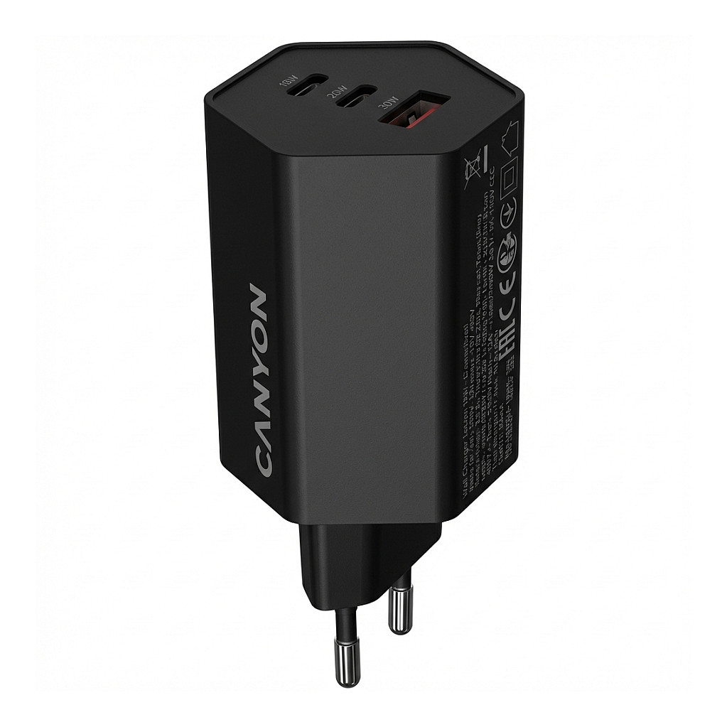 Punjač CANYON HEXAGON 65 (GaN, 65W, 2xPD, 1xQC, EU, crni)-0