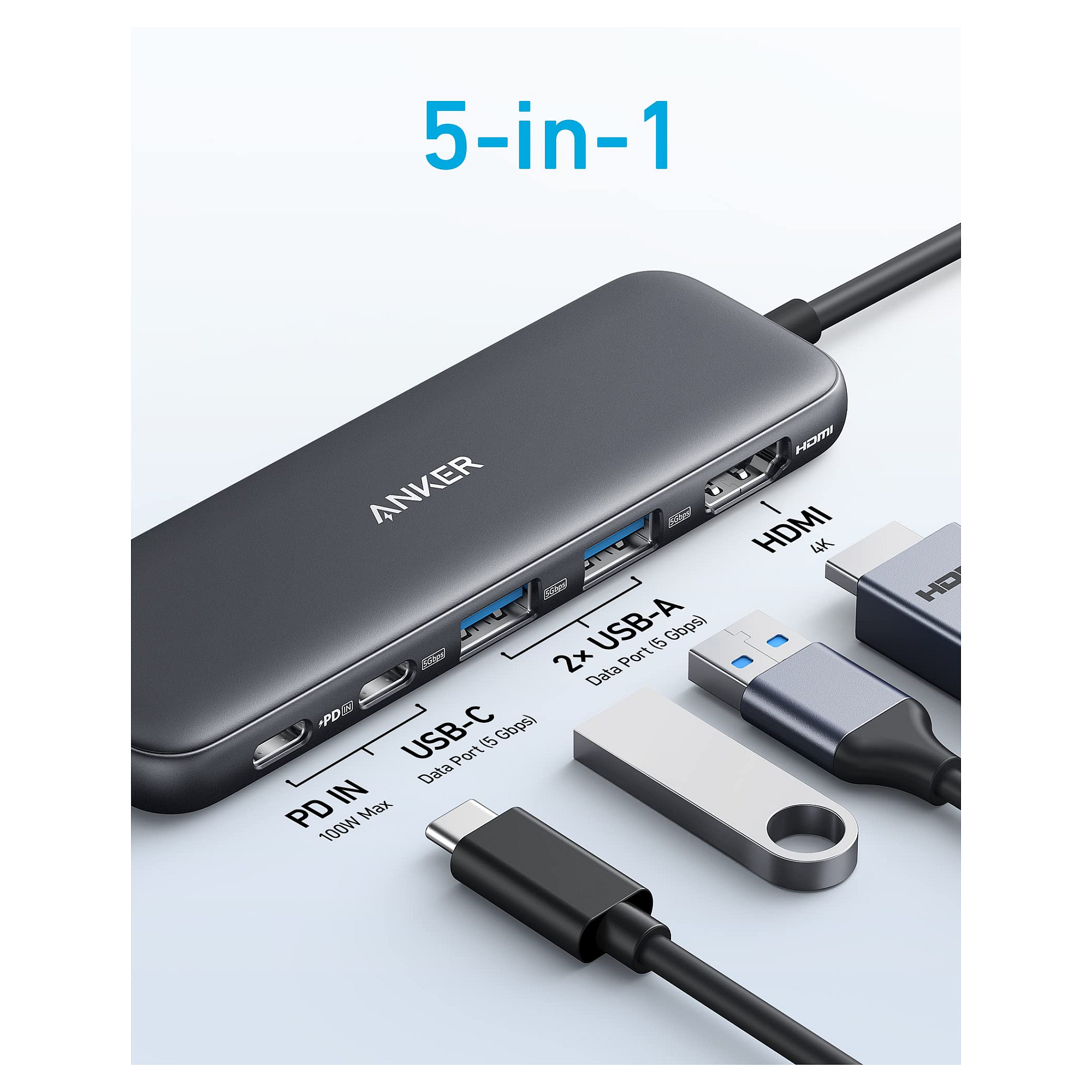 USB-C Hub ANKER 332 (5-u-1, 4K HDMI, 100W Power Delivery, 5 Gbps)-1