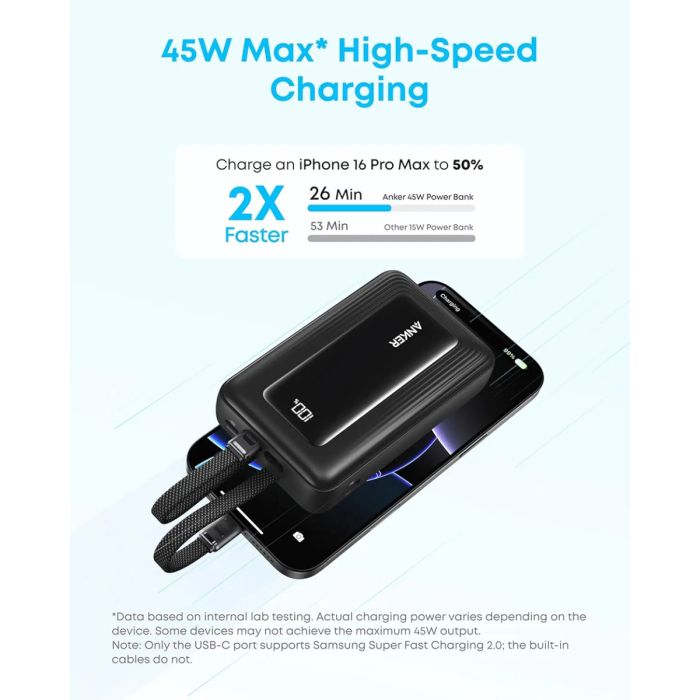 Prijenosna baterija ANKER Zolo Powerbank 20000 mAh, 45W s ugrađenim USB-C kabelom, crna-4