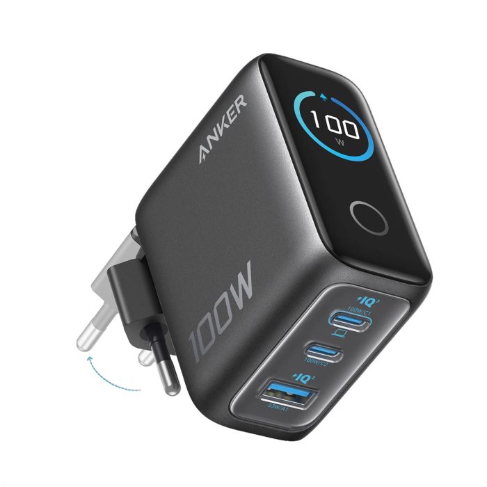 Kućni punjač ANKER GaN 100W 3-portni s pametnim zaslonom (2x USB-C, 1x USB-A, tamno sivi)-0