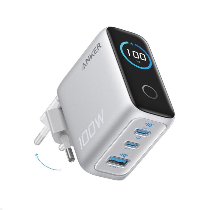Kućni punjač ANKER 100W GaN Smart Display (3-porta, 2x USB-C, 1x USB-A, srebrni)-0