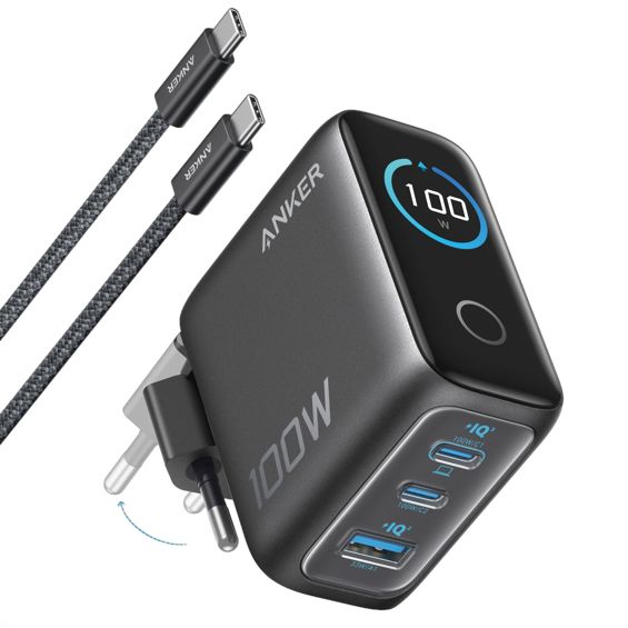 Kućni punjač ANKER 100W GaN Smart Display (3-porta, 2x USB-C, 1x USB-A, srebrni)-6