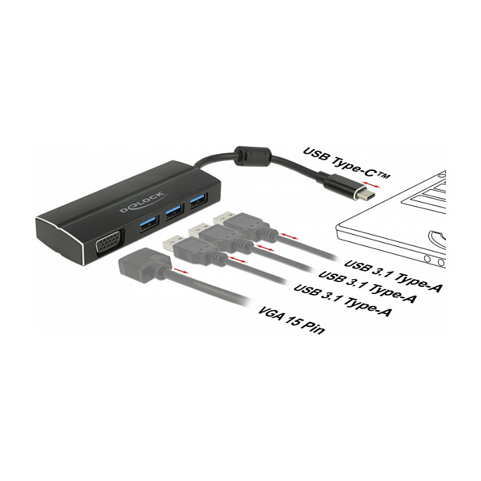 Adapter DELOCK USB-C na 3x USB 3.0 Hub + VGA-1