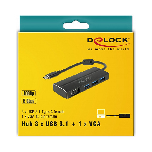 Adapter DELOCK USB-C na 3x USB 3.0 Hub + VGA-2
