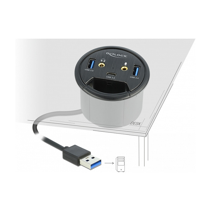 Ugradbeni USB hub DELOCK 62794 (1x USB-C, 2x USB-A, HD Audio, 5Gbps, za rupu Ø 60mm)-2