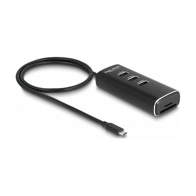 USB-C Hub DELOCK 3-portni s čitačem kartica (3x USB-A 10Gbps, SD/MicroSD, prekidači)