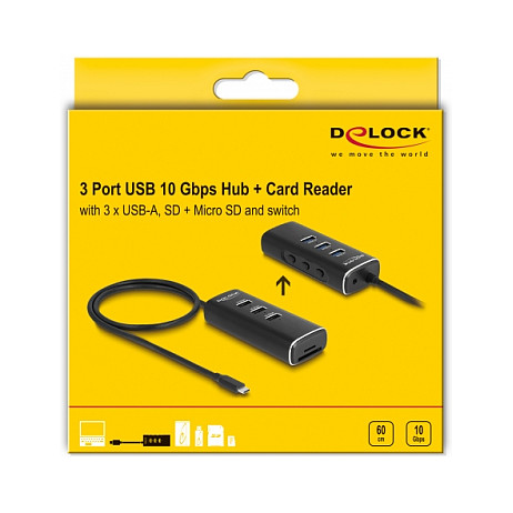 USB-C Hub DELOCK 3-portni s čitačem kartica (3x USB-A 10Gbps, SD/MicroSD, prekidači)-4