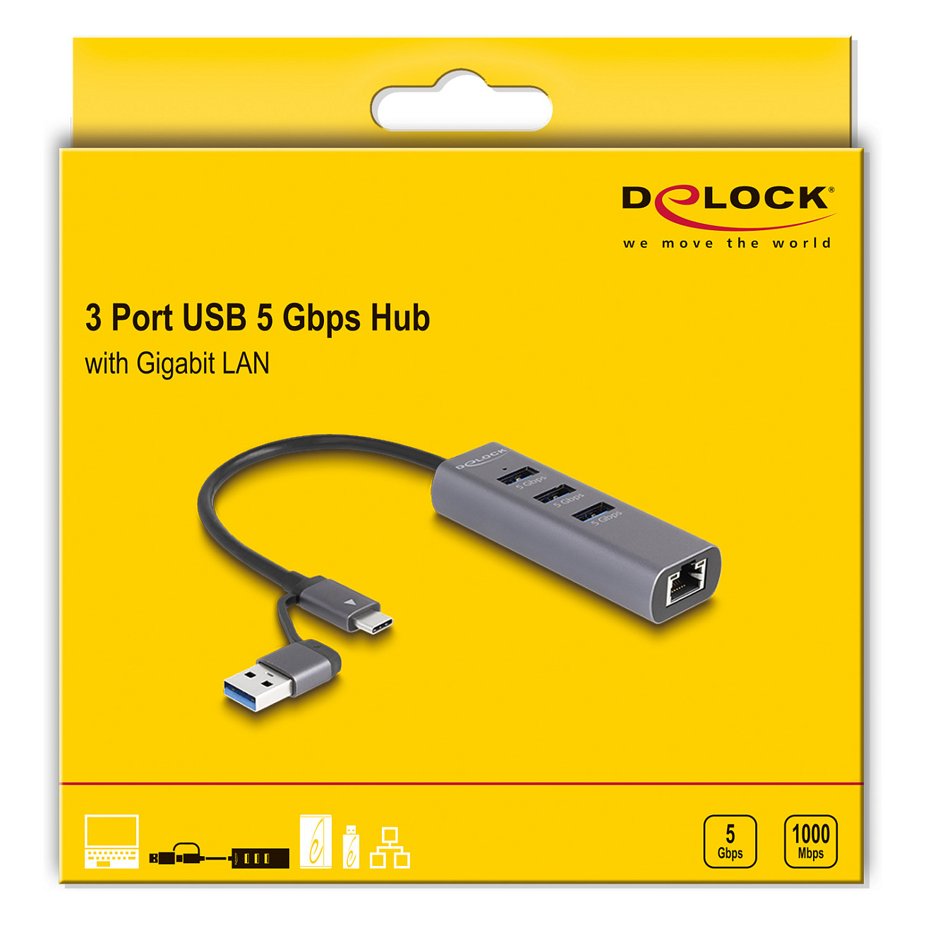 USB-C Hub DELOCK 3-portni 5Gbps + Gigabit LAN (USB-C/USB-A priključak, metalno kućište)-3