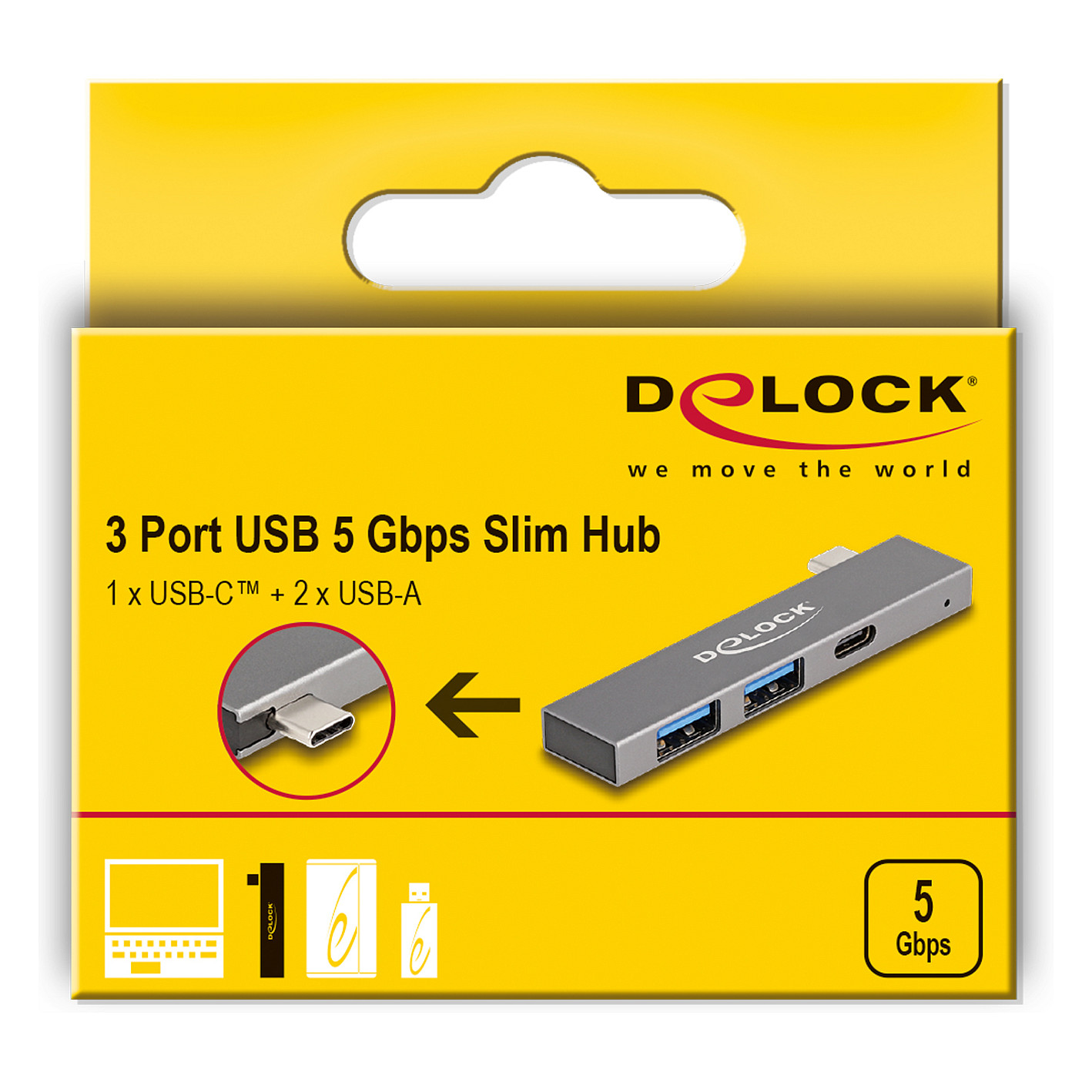 USB-C Hub DELOCK Slim 3-portni (1x USB-C 5Gbps, 2x USB-A 5Gbps)-3