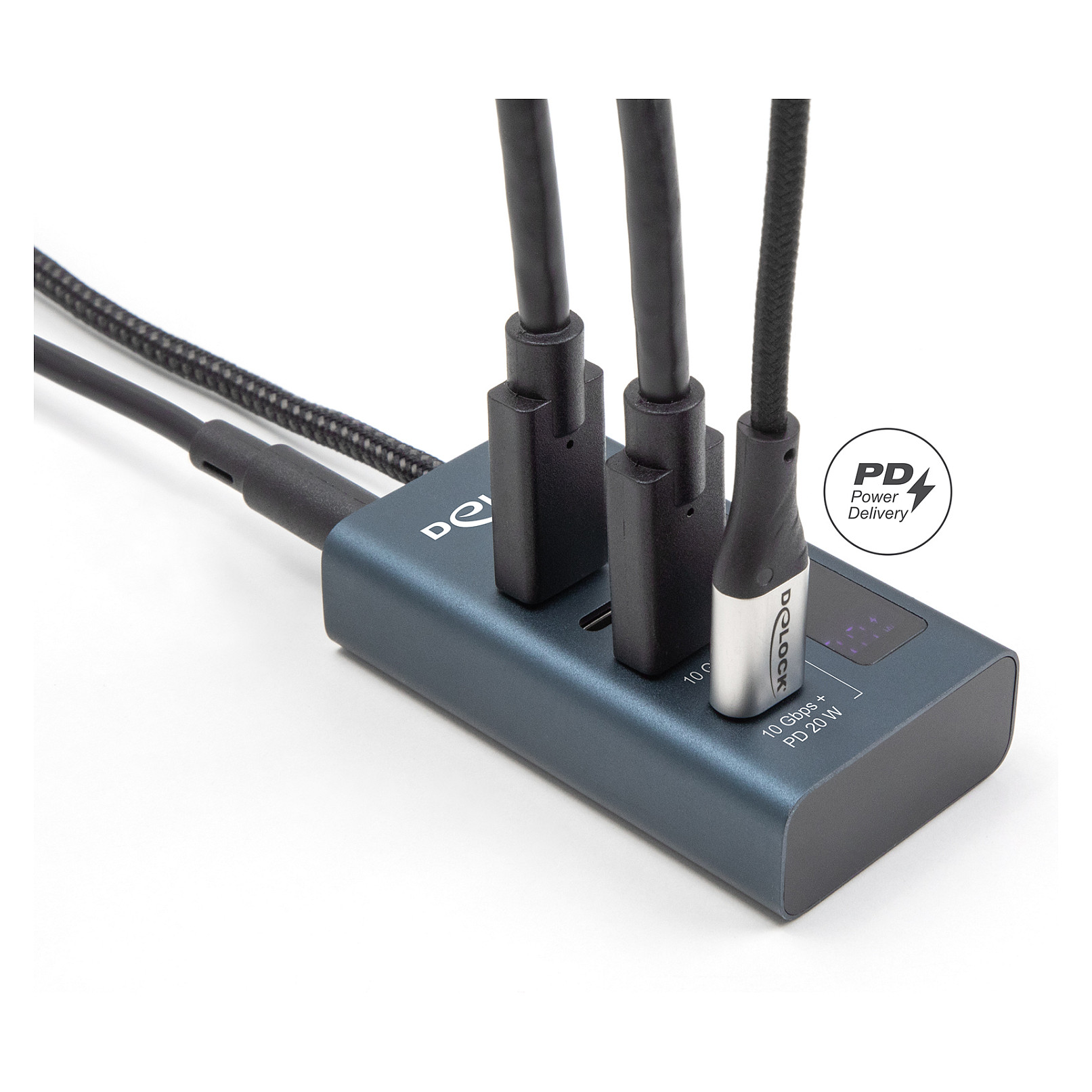 USB-C Hub DELOCK 4-portni (10 Gbps, 3x USB-C Data, 1x USB-C Data/PD 20W, zaslon napajanja)-2