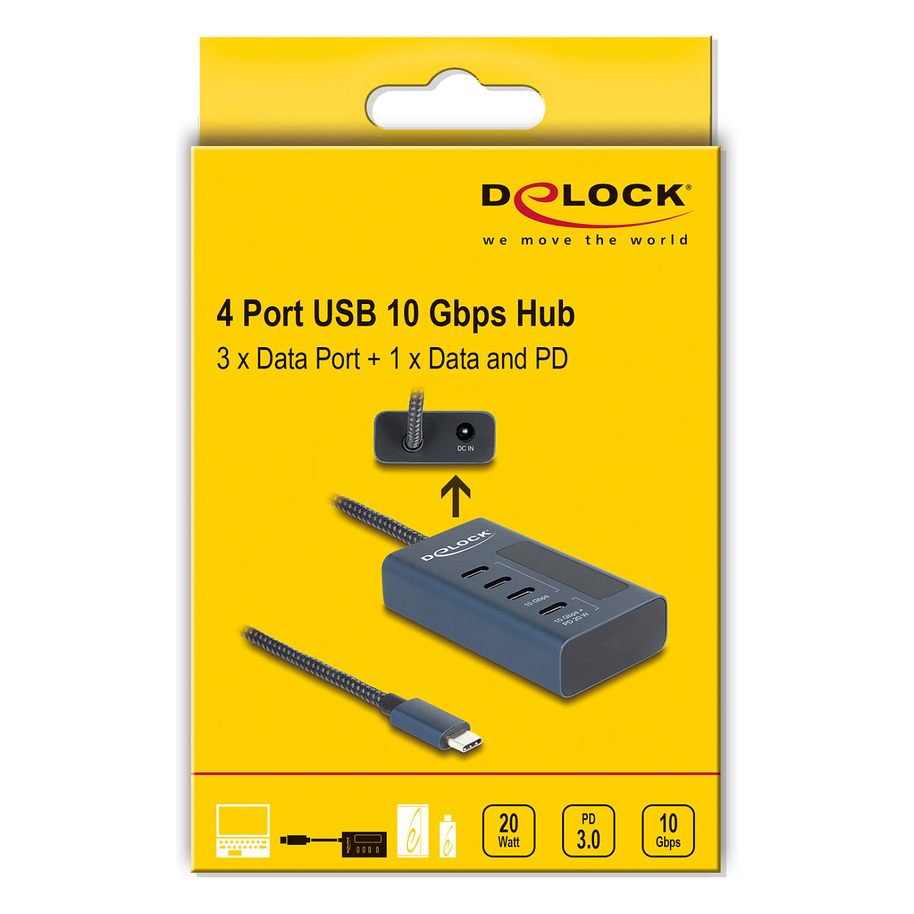 USB-C Hub DELOCK 4-portni (10 Gbps, 3x USB-C Data, 1x USB-C Data/PD 20W, zaslon napajanja)-3