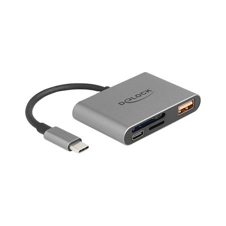 USB-C čitač kartica i multiport adapter DELOCK 91016 (SD/MicroSD, USB-A 10Gbps, USB-C PD 85W, sivi)