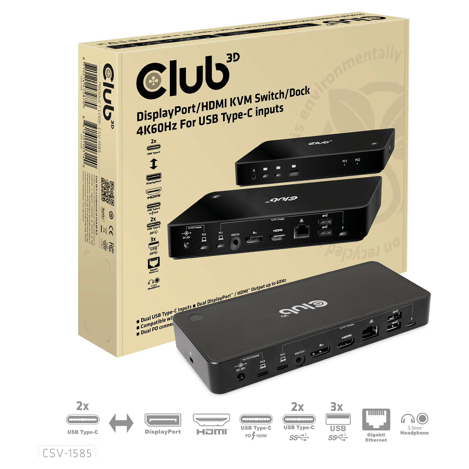 KVM Switch CLUB 3D CSV-1585 (2x USB-C, 4K60Hz, HDMI/DP, LAN, PD 100W)-0
